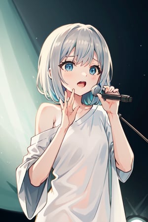 oversized clothes, oversized shirt, upper body, off shoulder, {masutepiece}, ((Best Quality)), {{illustratio}}, hight resolution, {{Ultra-detailed}}, Cinematic lighting, {extremely details CG}, {8K_wall-paper},Alafe girl in blue and white oversized clothes with microphone, singing a song, mesmerizing stage, wearing a oversized dress made of stars, 1 st winner, joy face,