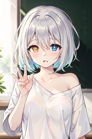 heterochromia ,oversized clothes, oversized shirt, upper body, off shoulder, ((female)), (solo:1.2), ((masterpiece)), ((pale skin)), ((detailed eyes)), (bokeh effect), (dynamic angle), dynamic pose, white hair, black hair, gradient hair, short hair, interior, (x-shaped pupils), (teacher), (classroom), in front of the blackboard