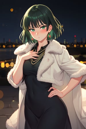 fubuki\(one punch man\), cowboy shot, solo, 1girl, expressionless, green hair, taut clothes, fur coat, jewelry, necklacemilf, solo, Looking At Viewer, Blush, short Hair, Detailed beautiful face, Night City in The background, Posing, bokeh
