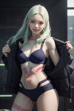 masterpiece, best quality, high definition, photorealistic,rebecca_(cyberpunk), sole_female,colarbone, masterpiece, 1girl, long hair, white hair, flex, fighting_stance, smile, bra, panties, colored_skin, tatoo,cprebecca, green hair, guns