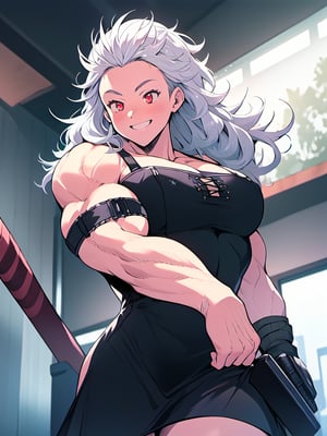 masterpiece, best quality, high definition, photorealistic,noi_(dorohedoro), sole_female,colarbone, masterpiece, 1girl, long hair, white hair, muscles, flex, fighting_stance,tight black cocktail dress, smile