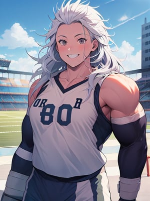 masterpiece, best quality, high definition, photorealistic,noi_(dorohedoro), sole_female,colarbone, masterpiece, 1girl, long hair, white hair, muscles, flex, fighting_stance, sports_uniform, smile