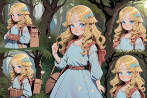 little girl, sparkling blue eyes and golden hair that glimmered in the sunlight, blue dress, masterpiece, detailed eyes and face, into the magical forest despite the warnings, packing her bag with treats and setting off on her adventure