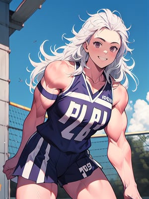 masterpiece, best quality, high definition, photorealistic,noi_(dorohedoro), sole_female,colarbone, masterpiece, 1girl, long hair, white hair, muscles, flex, fighting_stance, sports_uniform, smile