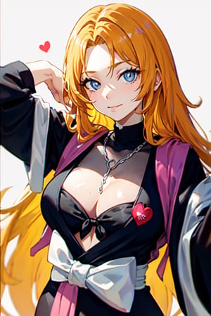 matsumoto rangiku, closed mouth, cherry blossom background, heart, orange hair, jewelry, between breasts, front-tie top, long hair, upper body, smile, symbol-shaped pupils, simple background, blue eyes, heart-shaped pupils, 1girl, very long hair, looking at viewer, necklace, cleavage, swimsuit, blonde hair, parted bangs, solo, full white kimono, wearing kimono