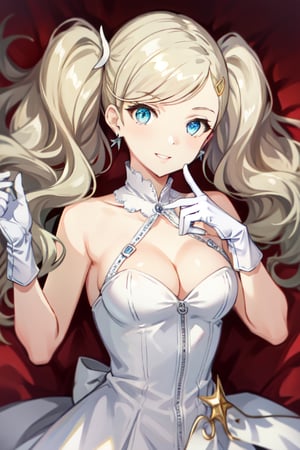 takamaki anne(persona 5), solo, jewelry, swept bangs, medium breasts, earrings, blue eyes, cleavage, white gloves, zipper, hair ornament, smile, blonde hair, clothing cutout, upper body, wedding dress, 1girl, parted lips, twintails, hairclip, long hair, cleavage cutout, stud earrings, red background, looking at viewer, shiny, gloves