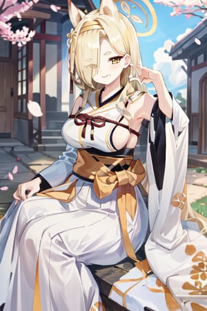 kaho(blue archive), 1GIRL,SOLO,,  looking at viewer, fox ears, eyes visible through hair, sideboob, wide sleeves, animal ears, short hair, sash, obi, hairband, red kimono, smile, detached sleeves, hair over one eye, blonde hair, blush, medium breasts, halo, yellow eyes,  shrine, Japanese shrine, cg, highres,masterpiece, best quality,sitting, cherry blossoms, leaf, petals, 