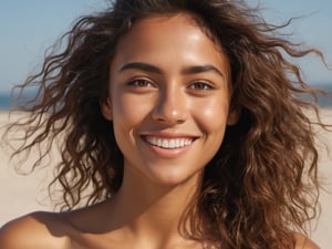 (photorealistic), (masterpiece), real photo, 8k UHD, solo female, exotic, 25 years old, natural beauty, best quality, ultra quality, ultra detailed, realistic eyes, ultra realistic, photography, standing, beach, sunny weather, warm lighting, outdoor, beach, upper body, messy hair, smile, tanned skin, bare shoulders, 