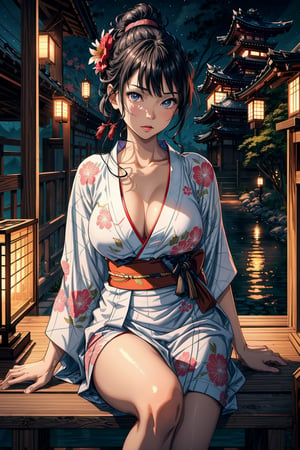 stylized illustration, cinematic, beautiful, dynamic, 1girl, short yukata, geta, thigh, katana, japanese, beautiful detailed eyes, detailed face, breast, detailed clothes, wooden bridge, cliff, japanese lantern, night, colorful, tetradic pastel colors, depth of field, bokeh, best quality, high resolution, intricately detailed, ultra realistic