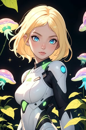 detailed illustration, concept art, masterpiece, anime style, futuristic style, beautiful, a girl wearing a white and green futuristic tight suit, blonde hair, detailed face, detailed blue eyes, alien landscape of a lushy expoplanet, alien vegetation, glowing flying colorful jellyfish, 1girl, 25 years old, futuristic colors, surrealism, bloom, light sparkles, smooth, bokeh, depth of field, intricately detailed, best quality, high resolution,1 girl