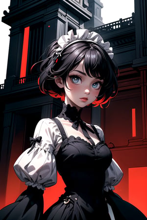 stylized illustration, lineart, beautiful, masterpiece, wide shot, 1girl, detailed eyes, victorian dress, detailed clothes, colorful building, (black white and red), abstract colors, vibrant colors, warm lighting, high contrast, high saturation, best quality, high resolution