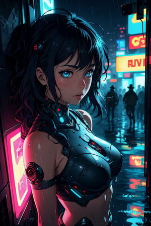 stylized illustration, cartoon style, cinematic, cyberpunk, beautiful, dynamic, pov, cowboy_shot, upper body, 1girl, a cyborg girl, beautiful detailed eyes, detailed face, long wavy messy hair, breast, cyberpunk accessories, shorty, detailed clothes, rain, wet, reflection, colorful, lofi colors, soothing tones, low saturation, depth of field, bokeh, best quality, high resolution, intricately detailed, ultra realistic