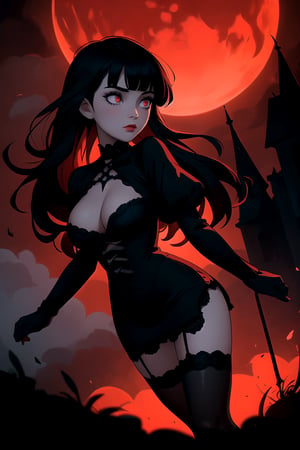 stylized illustration, beautiful, masterpiece, cinematic, dynamic, expressionism, fantasy art, 1girl in a street, gothic city, gothic buildings, gothic architecture, bangs, long hair, beautiful red detailed eyes, black victorian short dress, stockings, breast, night, heavy red fog, red moon, clouds, red theme, dark theme, gothic style, gradient colors, ambient lighting, low saturation, depth of field, bokeh, best quality, high resolution, intricately detailed