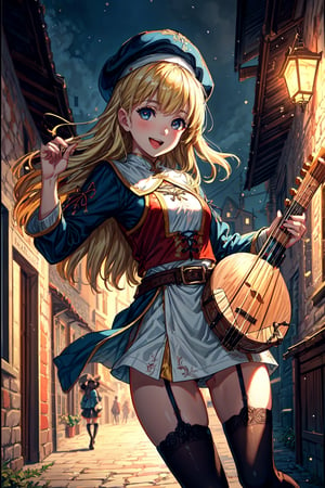 stylized illustration, beautiful, masterpiece, dynamic, wide shot, fantasy art, 1girl, a girl bard playing the small lute in a medieval village square, medieval village, daytime, medieval troubadour artist, small lute instrument, enthusiastic, open mouth, smile, bangs, blonde long hair, detailed eyes, colorful clothes, medieval outfit, thigh socks, hat, detailed clothes, small breast, warm colors, ambient lighting, low saturation, depth of field, bokeh, best quality, high resolution, intricately detailed