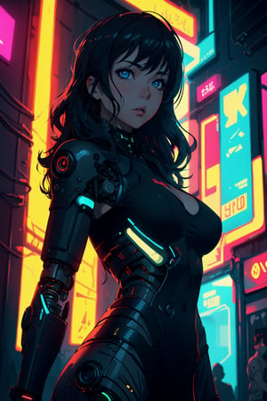 stylized illustration, cinematic, cyberpunk, beautiful, dynamic, upper body, 1girl, a cyborg girl, beautiful detailed eyes, detailed face, long wavy messy hair, breast, cyberpunk accessories, shorty, detailed clothes, night, neon sign, colorful, lofi colors, soothing tones, low saturation, depth of field, bokeh, best quality, high resolution, intricately detailed, ultra realistic