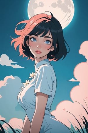 stylized illustration, lineart, expressionism, modern art, cinematic, beautiful, 1girl, 25 years old girl, upper body, detailed eyes, breast, light short dress, tall grass, flower, cloud, moon, blue theme, colorful, pastel colors, soothing tones, high contrast, low saturation, best quality, high resolution, intricately detailed