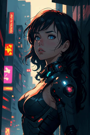 stylized illustration, cartoon style, cinematic, cyberpunk, beautiful, dynamic, pov, cowboy_shot, upper body, 1girl, a cyborg girl, beautiful detailed eyes, detailed face, long wavy messy hair, breast, cyberpunk accessories, shorty, detailed clothes, reflection, colorful, lofi colors, soothing tones, low contrast, low saturation, depth of field, bokeh, best quality, high resolution, intricately detailed, ultra realistic, annoyed