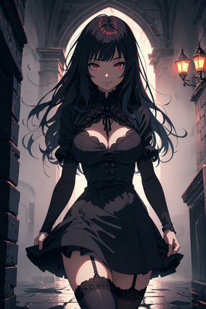 stylized illustration, anime style, beautiful, masterpiece, cinematic, dynamic, expressionism, fantasy art, 1girl in a street, gothic city, gothic buildings, gothic architecture, light smile, bangs, long hair, beautiful red detailed eyes, black victorian short dress, stockings, breast, night, heavy red fog, red moon, clouds, dark theme, gothic style, gradient colors, ambient lighting, low saturation, depth of field, bokeh, best quality, high resolution, intricately detailed,perfecteyes