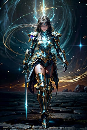 "Generates a visually stunning high-quality 4K ultra HDR image featuring a handsome, athletic young woman warrior with black hair and tanned skin. Dress him in magical space opera-style armor that shines with power, accentuating his might. ( Ensures meticulous details in the design of the armor, making it both ornate and functional). ( Place in your hand a glowing, shiny, smooth sword that emanates a dangerous glow). Create a perfect, super-realistic scene that combines photographic excellence, photorealism and fantasy aesthetics. The image must encapsulate the essence of an anti-hero in a mythical world, where every detail, from the warrior's expression to the magical elements, contributes to a visually captivating and immersive experience.",mecha musume , fullbody,