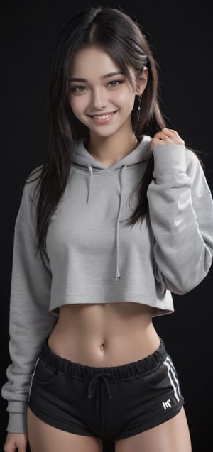 4k,best quality,masterpiece,20yo 1girl,(cropped sweatshirt),(demin pant), alluring smile, open hoodie,

(Beautiful and detailed eyes),
Detailed face, detailed eyes, double eyelids ,thin face, real hands, muscular fit body, semi visible abs, ((short hair with long locks:1.2)), black hair, black background,


real person, color splash style photo,
