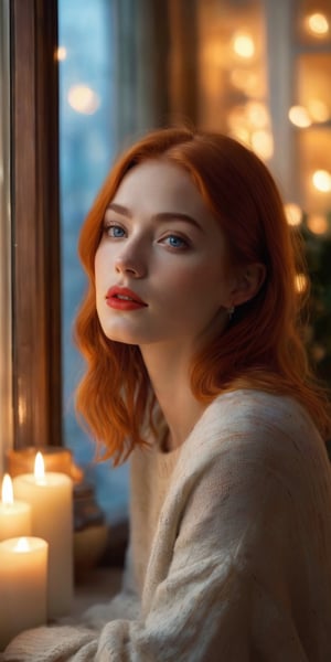 Create a hyper-realistic image of a serene scene with a woman with straight orange chin-length hair, captivating blue eyes and red lips. Delicate freckles adorn the area above the eyes. Dressed in a cozy knitted ensemble, she stands at the window in a warmly lit room, surrounded by candles, creating an atmosphere of tranquility and beauty.