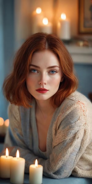 Create a hyper-realistic image of a serene scene with a woman with straight orange chin-length hair, captivating blue eyes and red lips. Delicate freckles adorn the area above the eyes. Dressed in a cozy knitted ensemble, she is in a warmly lit room surrounded by candles, creating an atmosphere of tranquility and beauty.