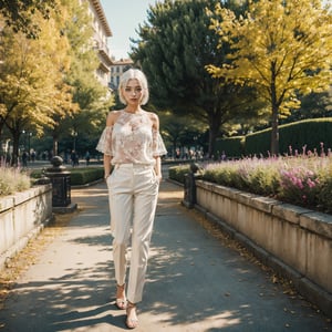 Girl in a Svitore and in Trousers with white hair, In the park,1 girl,yuzu, A woman in her prime,