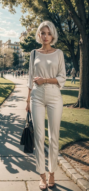 Girl in a Svitore and in Trousers with white hair, In the park