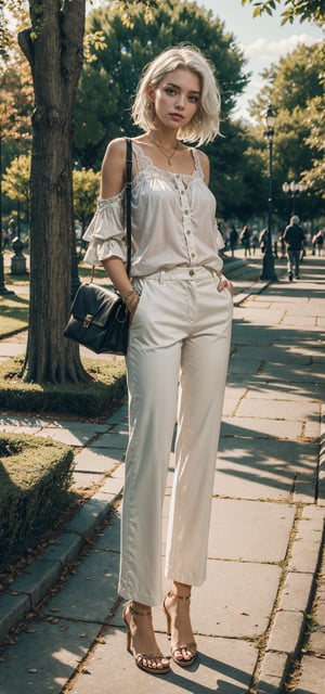 Girl in a Svitore and in Trousers with white hair, In the park