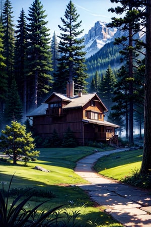 House in the mountains, Thick grass, tall trees,  Snowy mountains, high quality, high detail, realism, 