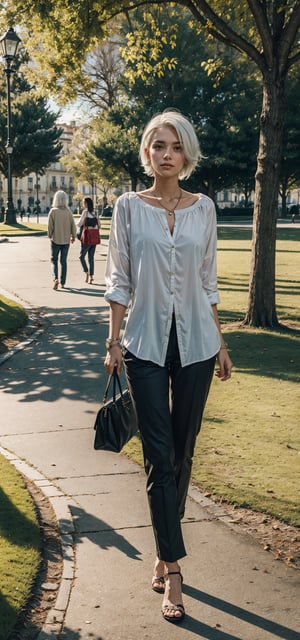 Girl in a Svitore and in Trousers with white hair, In the park