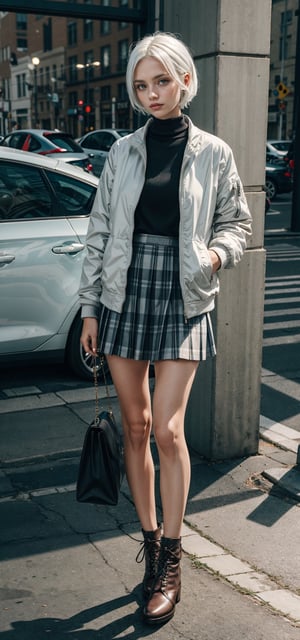 Girl in a Skirt with white hair and a jacket 