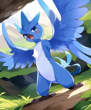 uploaded on e621, ((by Ricegnat, by Bebebebebe, by Prrrrrrmine, by Dagasi)), solo female (cyan avian Articuno) with (((dark blue and white body))) and ((blue beak)) and ((clear navy blue eyes)) and (chest fur tuft) and ((blue wings)), ((small breasts with pink nipples)), ((((nude)))), (detailed [avian] Articuno), ((detailed fluffy feathers)), ((three-quarter portrait, low-angle view, looking at viewer)), BREAK (standing at andes with reflection on dusk), (detailed background, depth of field, half body shadow, sunlight, ambient light on the body), (intricate:1), (high detail:1.2), (unreal engine:1.3), (sharp focus:1.1), [explicit content, questionable content], (masterpiece, best quality, 4k, 2k, shaded, absurd res)