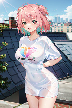 pajama challange,1girl ,solo,pink shirt , tshirt , arms behind back, large breast , happy , smile ,short hair, multicolored hair, rooftop background, ,heterochromia,  looking at viewer, (absurdres, highres , masterpiece, best quality, sharp)