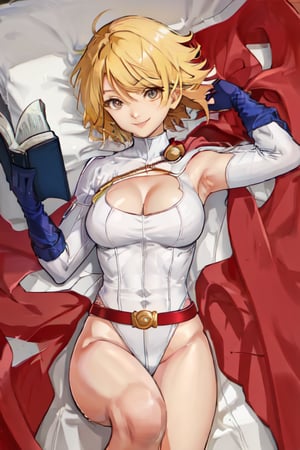 powergirl , boob window, white leotard, blonde hair , short hair, belt, cape,smile , on red bed , on back, lying, bed , bedroom , reading book on bed, looking at viewer, armpits, arm out of picture 