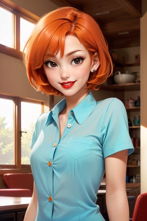 indoors, 1girl, (red lips), orange hair, short hair, black eyes, cyan shirt, buttons, smile