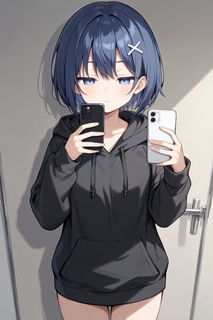 score_9, 1girl, dark blue hair, short hair, x hair ornament, black hoodie, half-closed eyes, (smartphone, holding phone, looking at phone)