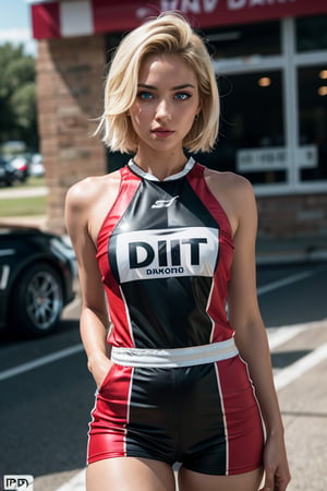 masterpiece, ultra hd, 8k,hdr, dynamic, Android 18,blonde hair, blue eyes, short hair, "race queen" outfit, drift show, daylight, hyper realistic, dslr camera, highly detailed face