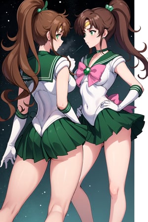 best quality, highres, sailor Jupiter, green eyes, ponytail, jewelry, sailor senshi uniform, green sailor collar, choker, white elbow gloves, pink bow, brooch, leotard, green skirt, smjupiter, slender body, long legs, side view 