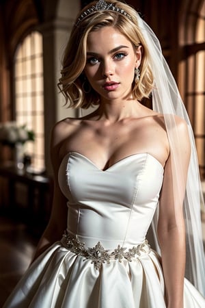 masterpiece, ultra realistic, Android 18, extremely detailed face, blonde hair, vivid blue eyes, short hair, tiara, detailed wedding dress, tight fitting dress 