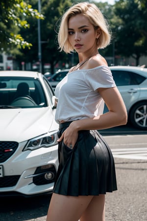 masterpiece, ultra hd, 8k,hdr, dynamic, Android 18,blonde hair, blue eyes, short hair, tight white drift girl outfit, thin pleated skirt, car show, daylight, hyper realistic, dslr camera, detailed face