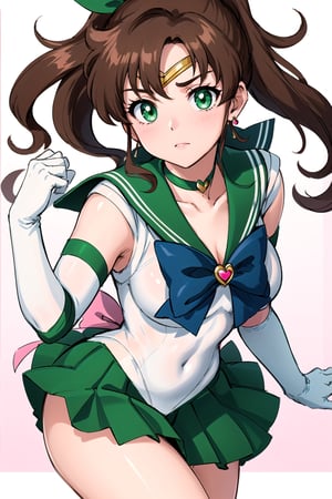 best quality, highres, sailor Jupiter, green eyes, ponytail, jewelry, sailor senshi uniform, green sailor collar, choker, white elbow gloves, pink bow, brooch, leotard, green skirt, smjupiter, very close up picture, beautiful face only 
