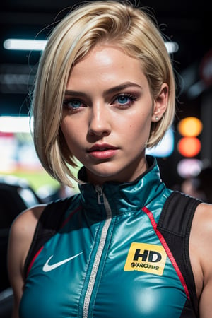 masterpiece, ultra hd, 8k,hdr, dynamic, Android 18,blonde hair, blue eyes, short hair, "race queen" outfit, drift show, daylight, hyper realistic, dslr camera, highly detailed face