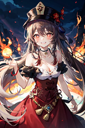 1girl, hu tao (genshin impact), hat, flower on hat,brown hair, twintails, smile, dress,  long hair, off-shoulder dress, ahoge, looking at viewer,  red dress, bare shoulders, grin, red eyes, japanese clothes, ponytail ,white hair, purple eyes, magic circle, blue fire, blue flames, wallpaper, landscape, blood, blood splatter, depth of field, night, light particles, light rays, sidelightingflower-shaped pupils, blush, bangs, breasts, choker, collarbone, solo, nail polish, black nails, ribbon choker, bow, hair between eyes, hair ornament, sidelocks, cleavage, wrist ribbon, very long hair, teeth, cowboy shot 