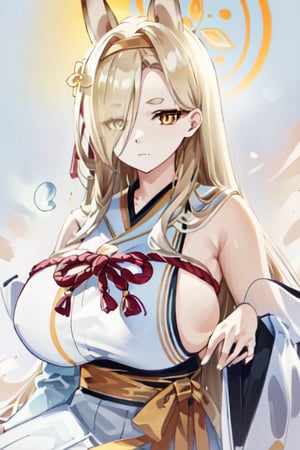 (realistic:1.2), (masterpiece, best quality, ultra-detailed), (beautiful detailed face, beautiful detailed eyes, volumetric lighting) kaho(blue archive), blonde hair, solo, looking at viewer, japanese clothes, fox ears, 1girl, sideboob, detached sleeves, halo, yellow eyes, huge breasts, hair over one eye, animal ears, long hair, breasts