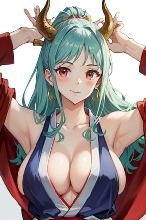 (realistic:1.2), (masterpiece, best quality, ultra-detailed), (beautiful detailed face, beautiful detailed eyes, volumetric lighting), yamato\(one piece\), hair ornament, kimono, oni, earrings, japanese clothes, 1girl, hoop earrings, sleeveless, hair stick, multicolored hair, looking at viewer, upper body, smile on the face, red eyes, solo, curled horns, horns, arms up, sideboob, green hair, cleavage, sleeveless kimono, long hair, jewelry, large breasts, blush, red horns, collarbone,  