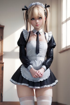  marie rose, maid uniform, indoors, palace, headdress, white thighhighs