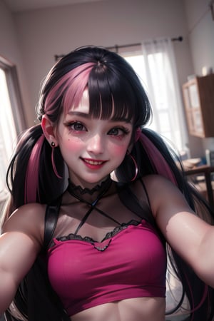 ((masterpiece,best quality)), absurdres, draculaura_mh, pink top, upper body, extremely detailed face, smile, blushing, selfie, 