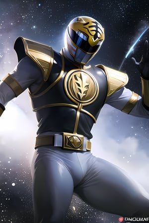 ((masterpiece,best quality)), absurdres,, White_Ranger, solo, black breastplate, tokusatsu, detailed helmet and armor, stars and space in background, cinematic composition, dynamic pose,