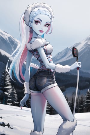 ((masterpiece,best quality)), absurdres, Abbey_Bominable_MH, short shorts, blue skin, solo, looking at viewer, ski resort in background, cinematic composition, 